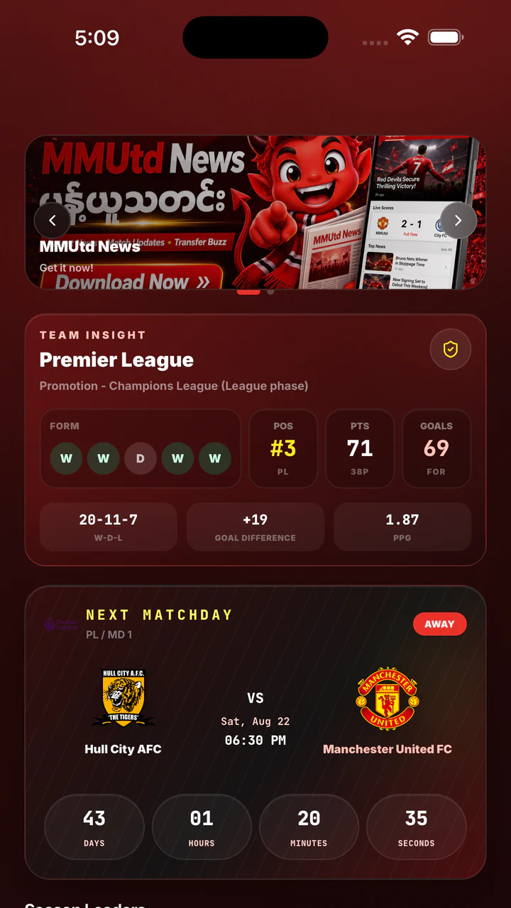 MMUtd News mobile app dashboard